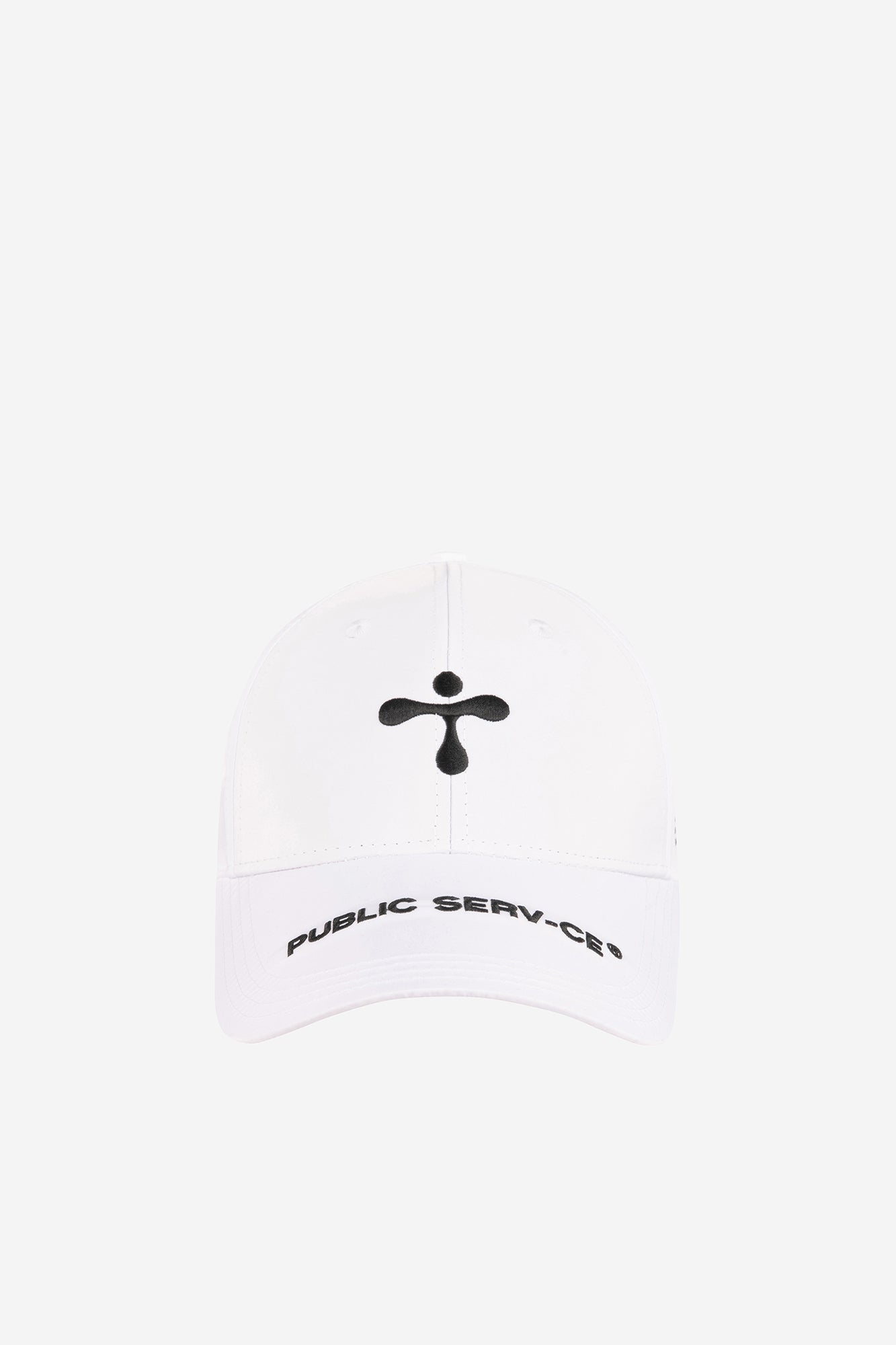 alt="close up of  white cap with 3D stitching, elongated visor and contrast prints"