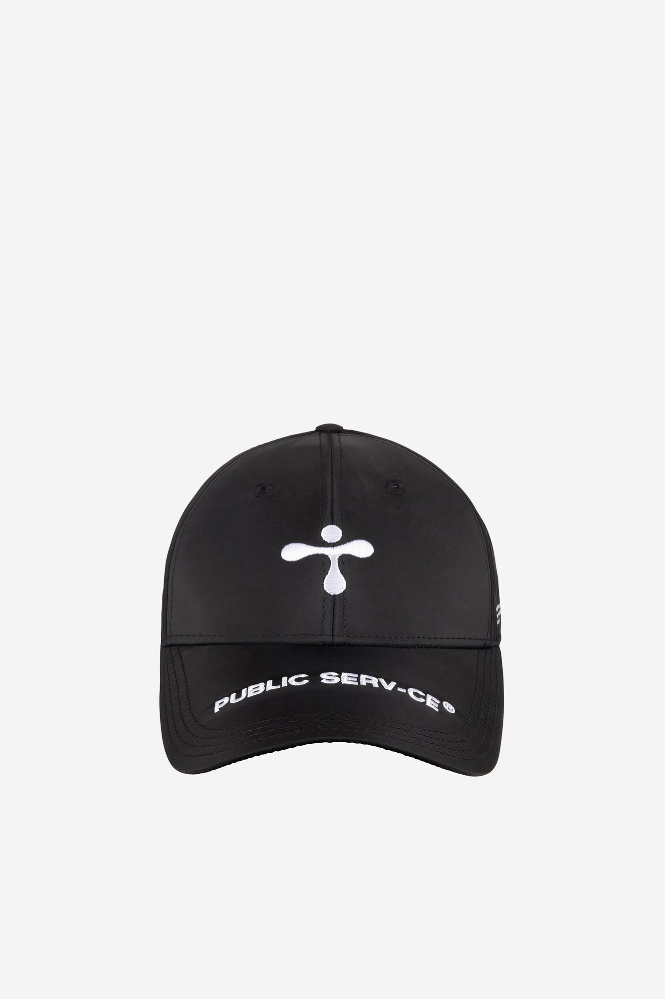 alt="close up of black cap with 3D stitching, elongated visor and contrast prints"