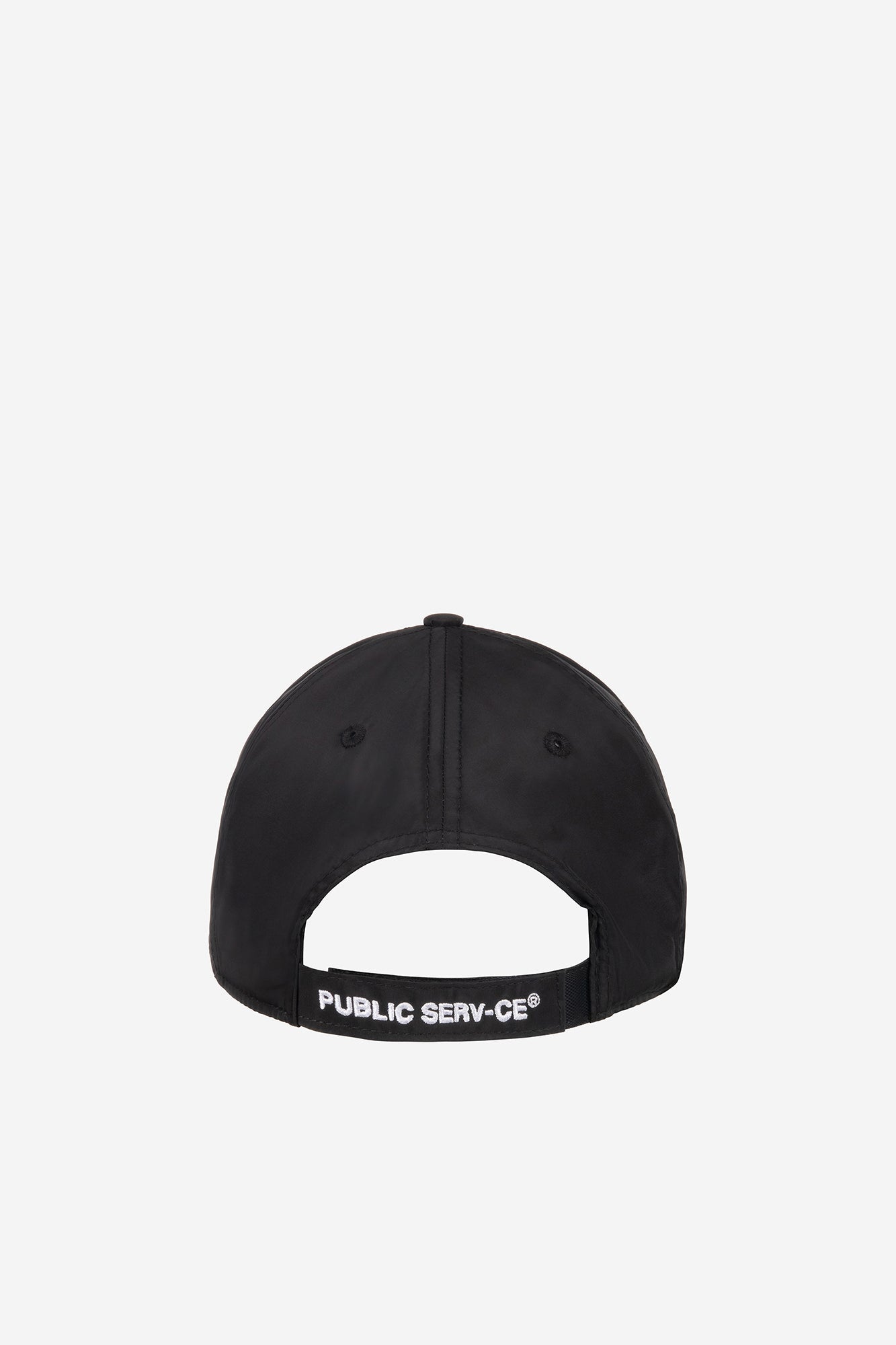 alt="back of black cap with logo embroidered on cap strap"