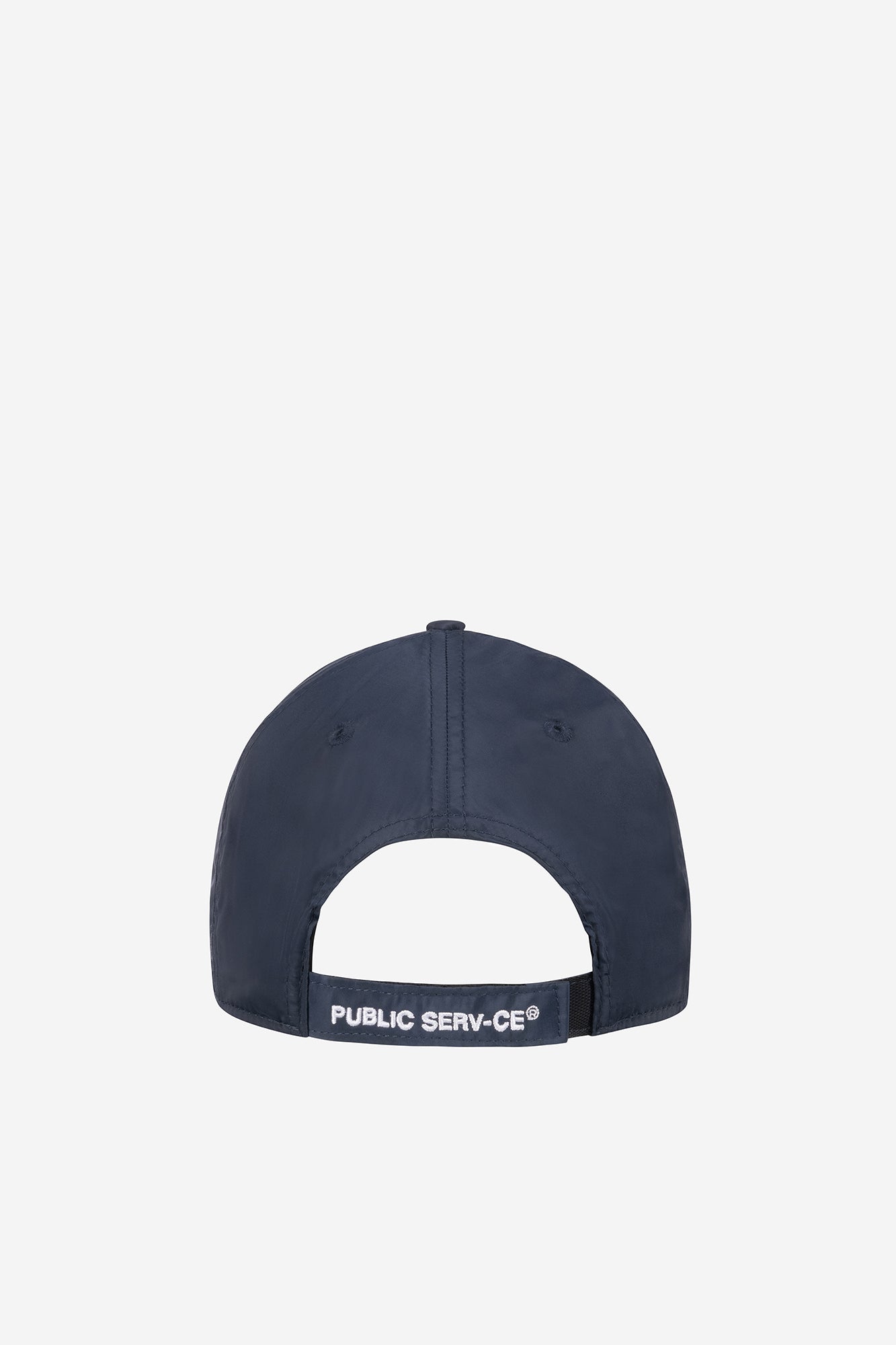 alt="back of blue cap with logo embroidered on cap strap"