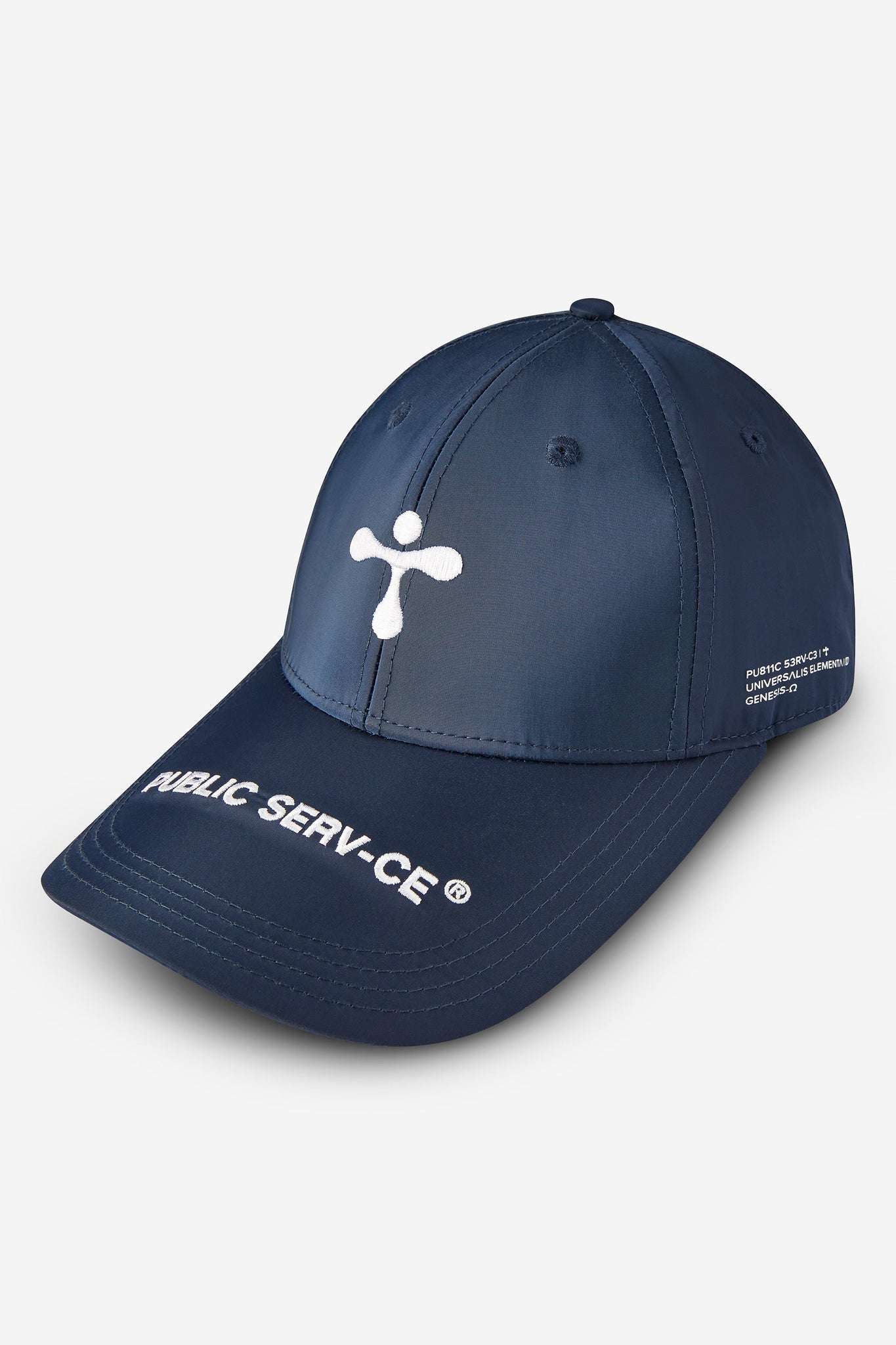 alt="3/4 close up of blue cap with 3D stitching, elongated visor and contrast prints"