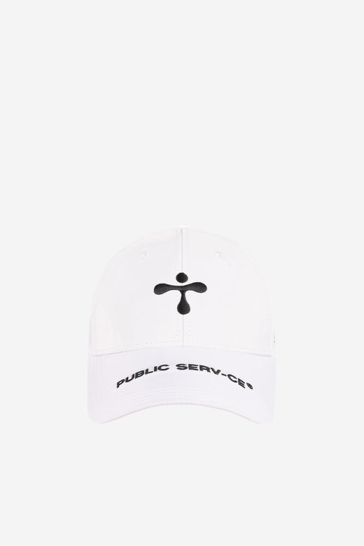 alt="close up of  white cap with 3D stitching, elongated visor and contrast prints"
