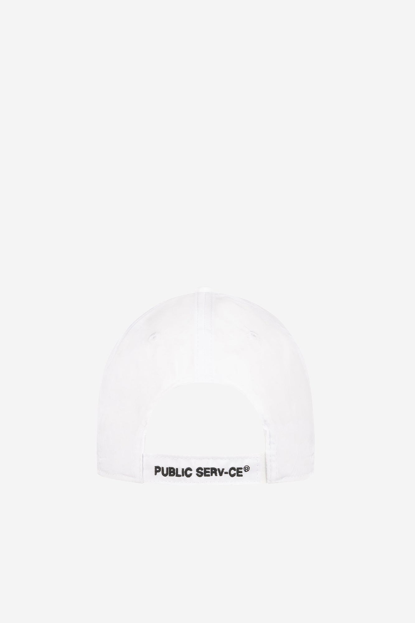 alt="back of white cap with logo embroidered on cap strap"