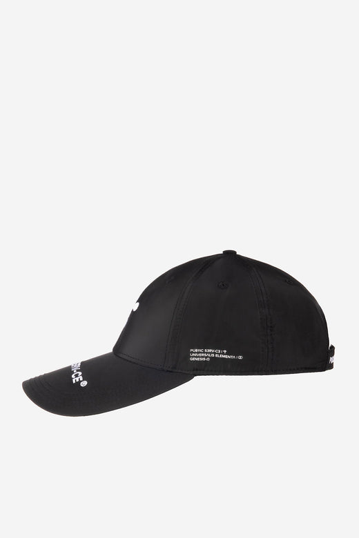 alt=" profile of black cap with 3D stitching, elongated visor and prints"
