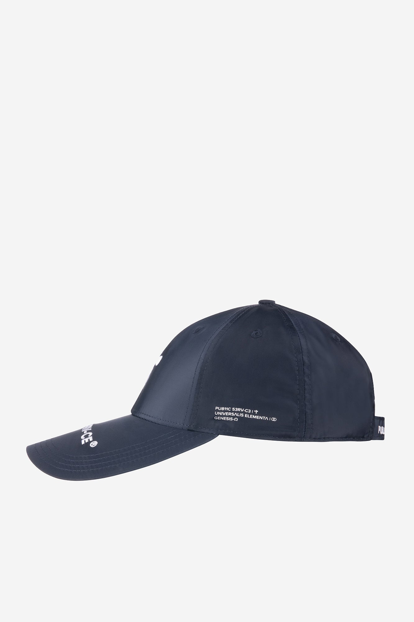 alt=" profile of blue cap with 3D stitching, elongated visor and prints"