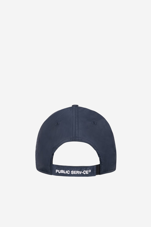 alt="back of blue cap with logo embroidered on cap strap"