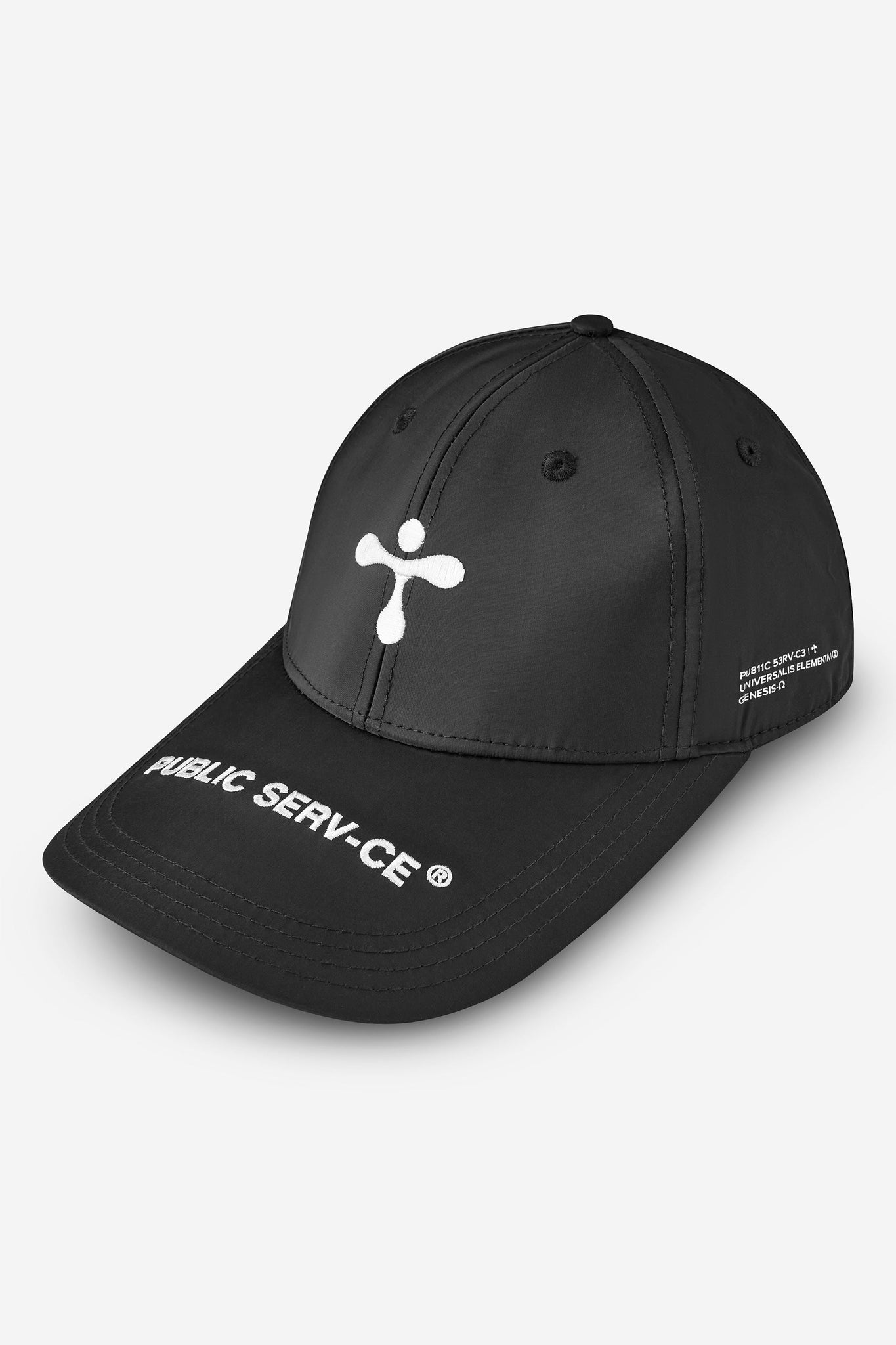 alt="3/4 close up of black cap with 3D stitching, elongated visor and contrast prints"