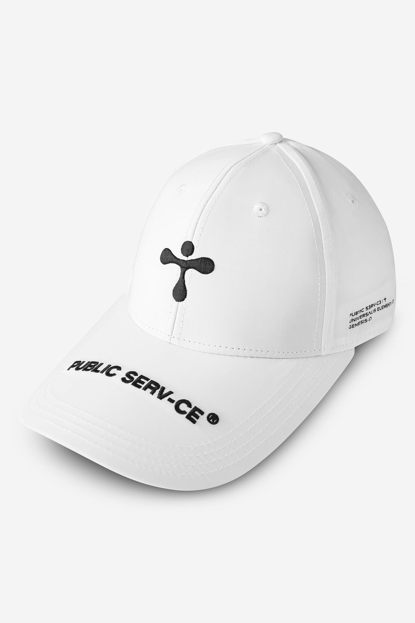 alt="3/4 close up of  white cap with 3D stitching, elongated visor and contrast prints"