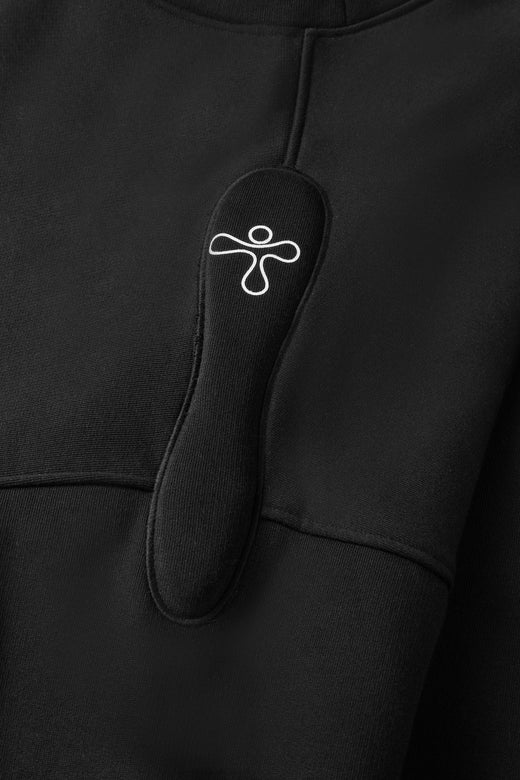 alt="detail of black sweater with padded embroidered detail and print"